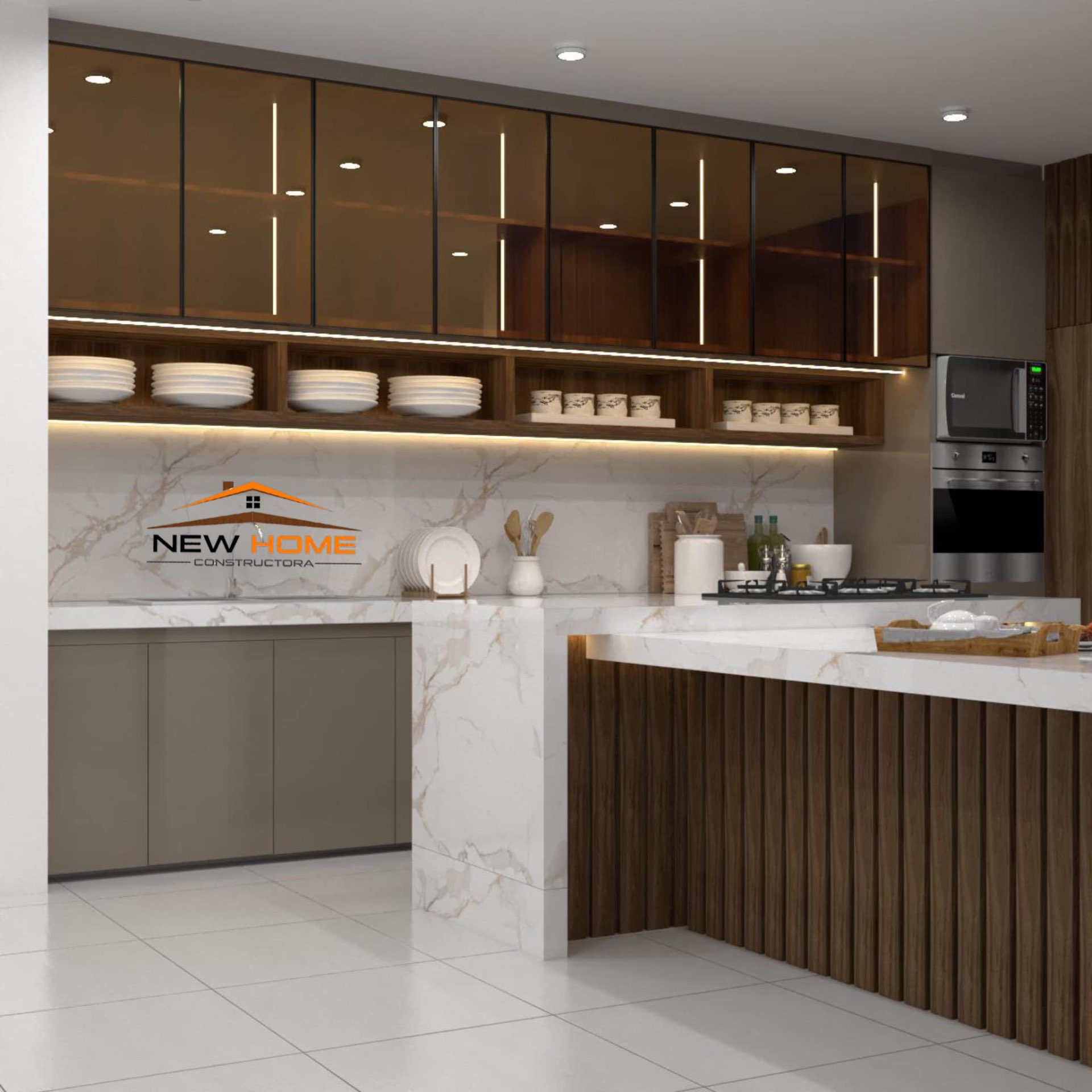 Cocina de Mármol con Detalles en Madera